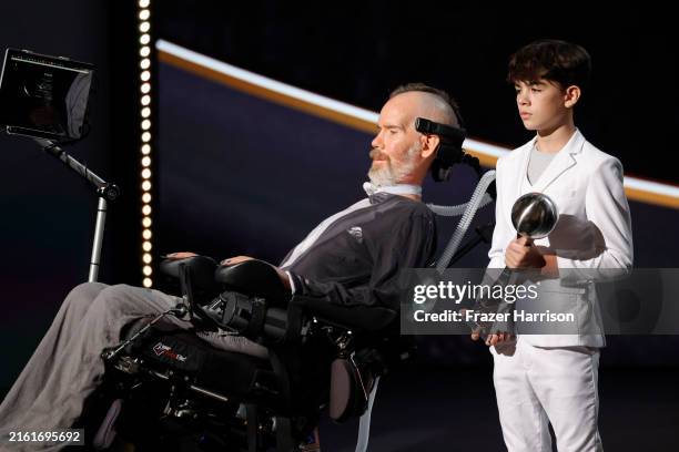 Steve Gleason and Rivers Gleason accept The Arthur Ashe Courage Award onstage during the 2024 ESPY Awards at Dolby Theatre on July 11, 2024 in...