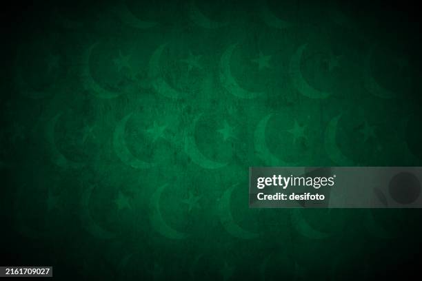 faded dark emerald green colored blotched scuffed old stained texture, grunge textured effect monochrome vector background wit all over pattern repeating series of solid lighter shade pentagram star and crescent moon as in pakistani / pakistan flag design - pakistani flag stock illustrations
