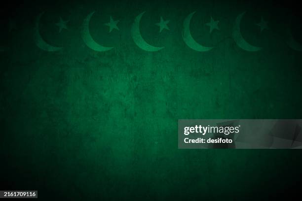 faded dark emerald green colored bordered blotched scuffed old stained texture, grunge textured effect monochrome vector background wit repeating series of solid lighter shade pentagram star shape and a crescent moon as in pakistani / pakistan flag design - solid green background stock illustrations
