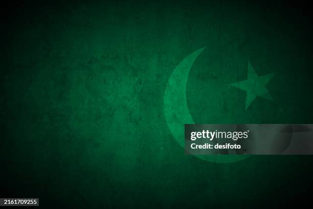 faded dark green colored blotched scuffed old stained texture, grunge textured effect monochrome vector background and one big solid lighter shade pentagram star shape and a crescent moon as in pakistani / pakistan flag design - pakistani flag stock illustrations