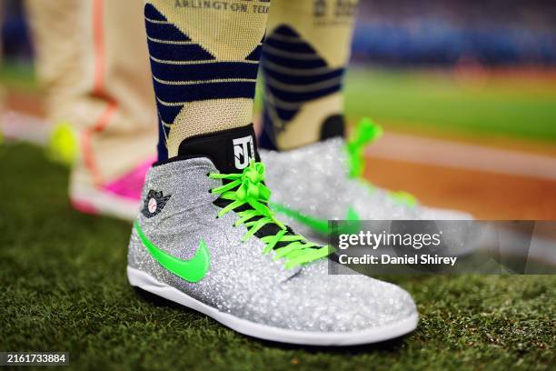 Detail shot of the cleats worn by Josh Naylor of the Cleveland Guardians prior to the 94th MLB All-Star Game presented by Mastercard at Globe Life...