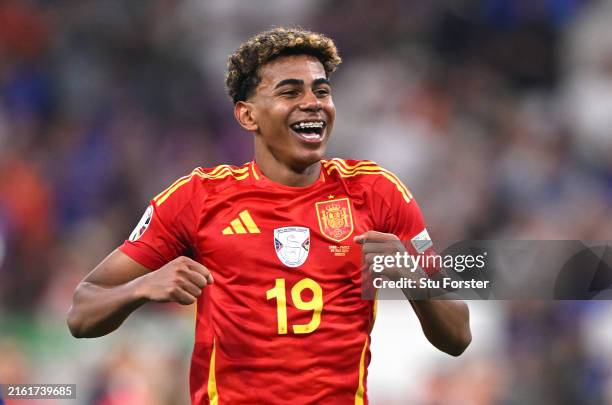 Lamine Yamal of Spain celebrates victory after the UEFA EURO 2024 Semi-Final match between Spain and France at Munich Football Arena on July 09, 2024...