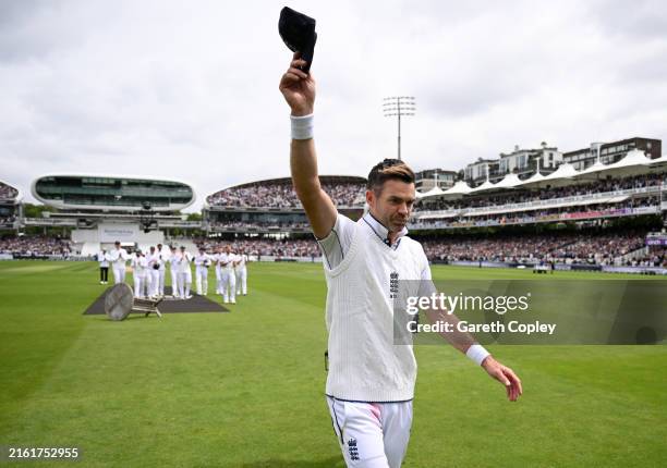 James Anderson of England leaves the field after his final test appearance on day three of 1st Test Match between England and the West Indies at...