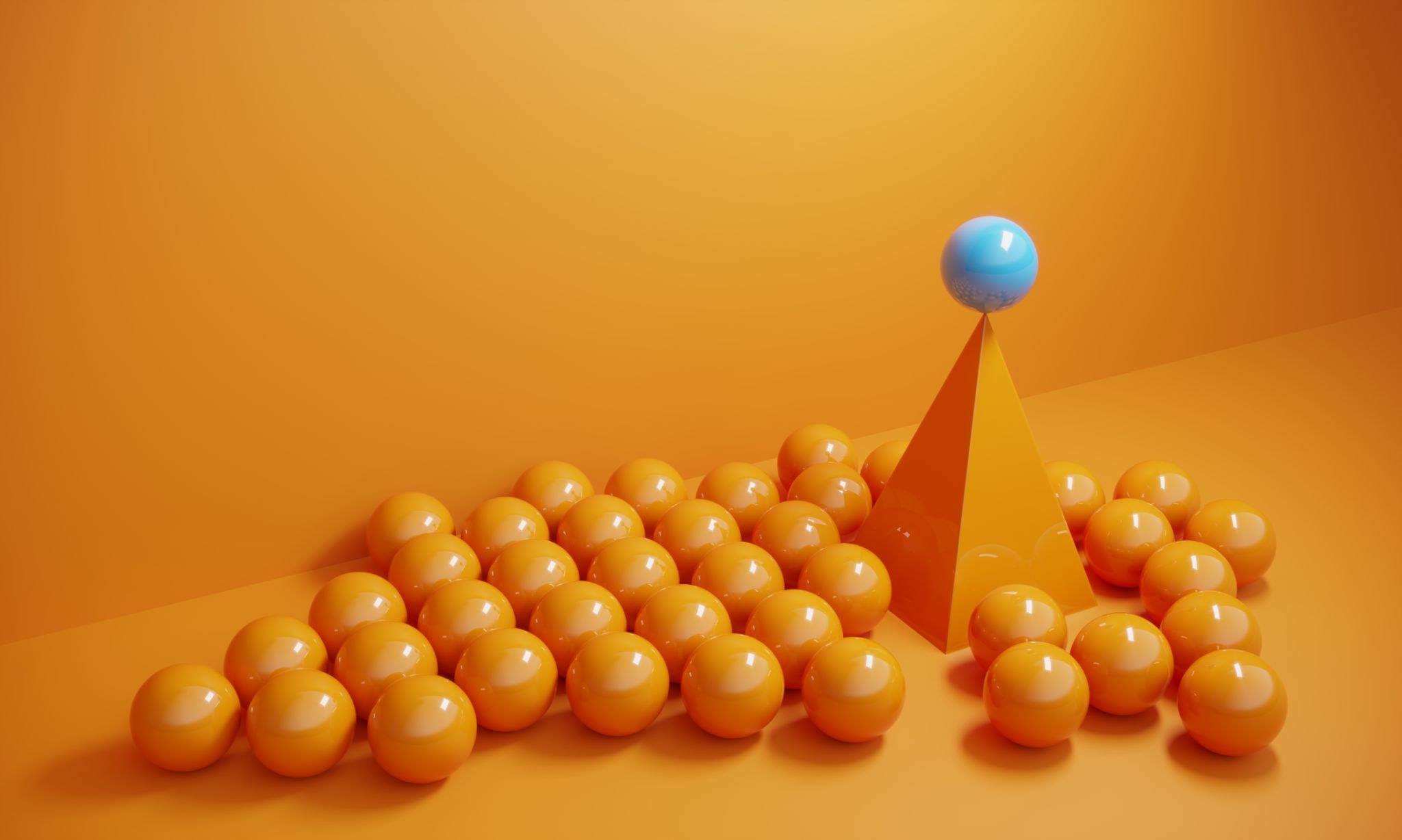 Blue colored sphere standing on the top of the pyramid. (3d render)