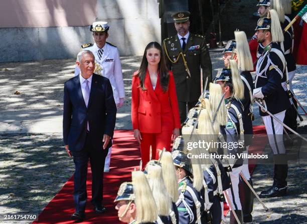 Portuguese President Marcelo Rebelo de Sousa and Crown Princess Leonor of Spain review the honor guard in Belem Presidential Palace during the...