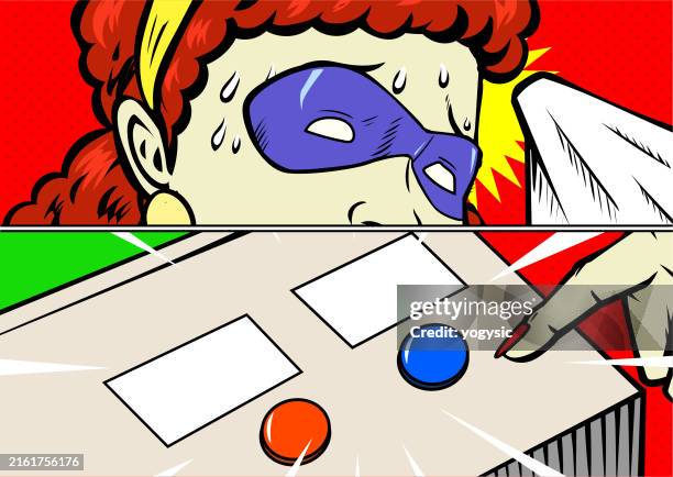 vector pop art panicked female superhero choosing button meme stock illustration - panic button stock illustrations