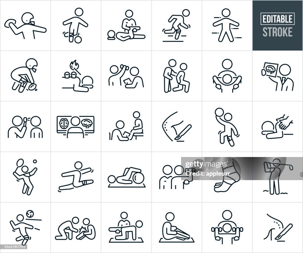 Iconos de línea delgada de medicina deportiva - Trazo editable