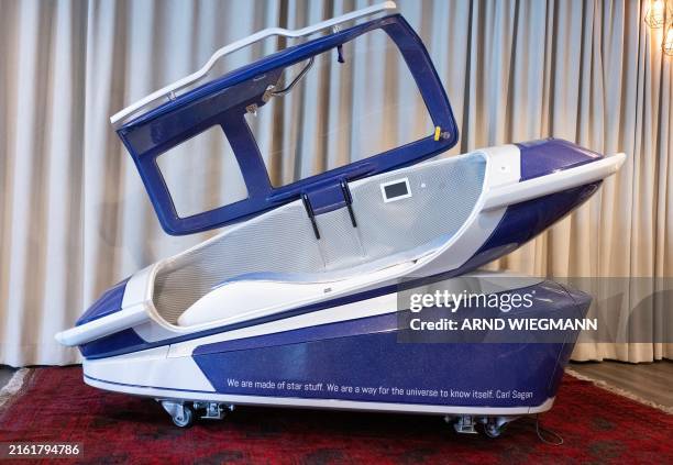 This photograph shows the Sarco suicide capsule, during a media event organised by the "Last Resort", a Switzerland's human rights non-profit...