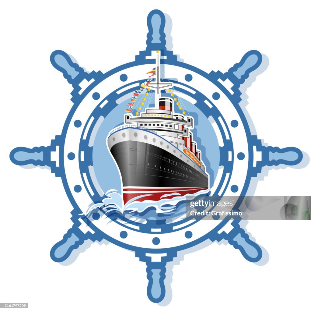 Transatlantic Ocean Liner in circle helm flat illustration