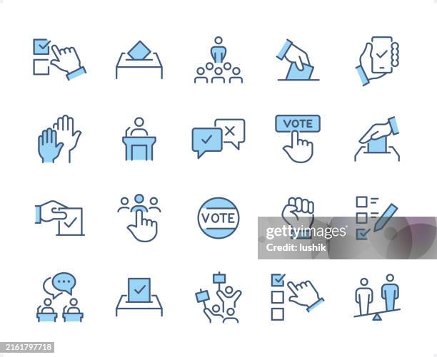 icon-set für wahlen. editierbare hubstärke. pixelgenaue dichromatische symbole. - politische kampagne stock-grafiken, -clipart, -cartoons und -symbole