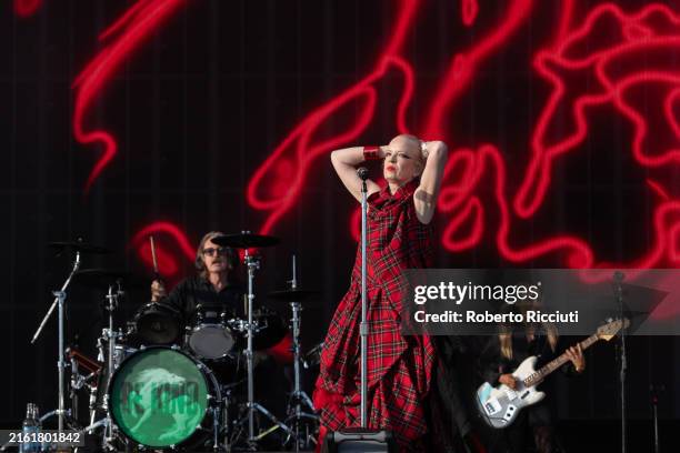 Butch Vig, Shirley Manson and Ginger Pooley of Garbage perform on stage on the first day of the TRNSMT Festival 2024 at Glasgow Green on July 12,...