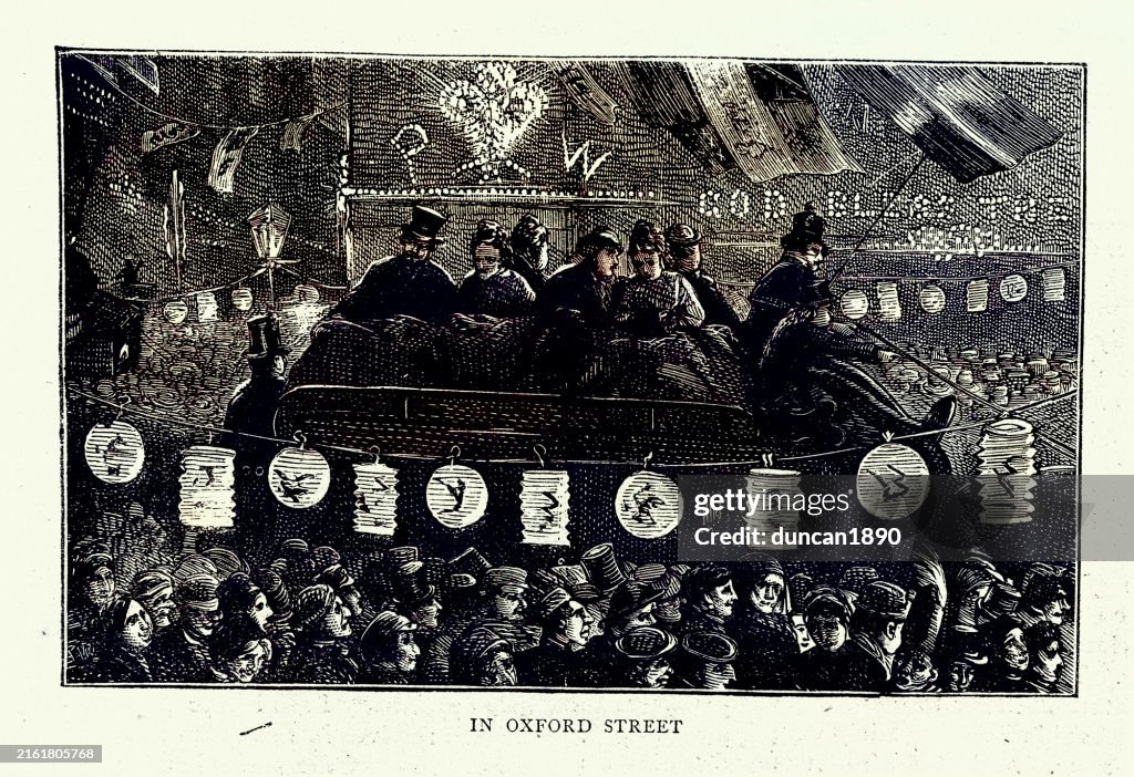 Crowds in Oxford Street London, Thanksgiving celebration for the recovery of the Prince of Wales from typhoid, 1872 19th Century, Vintage illustration