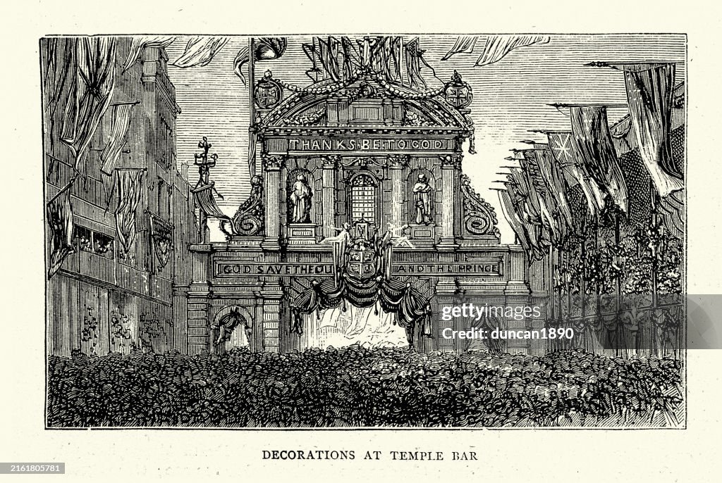 Decorations at Temple Bar, London, Thanksgiving celebration for the recovery of the Prince of Wales from typhoid, 1872 19th Century, Vintage illustration