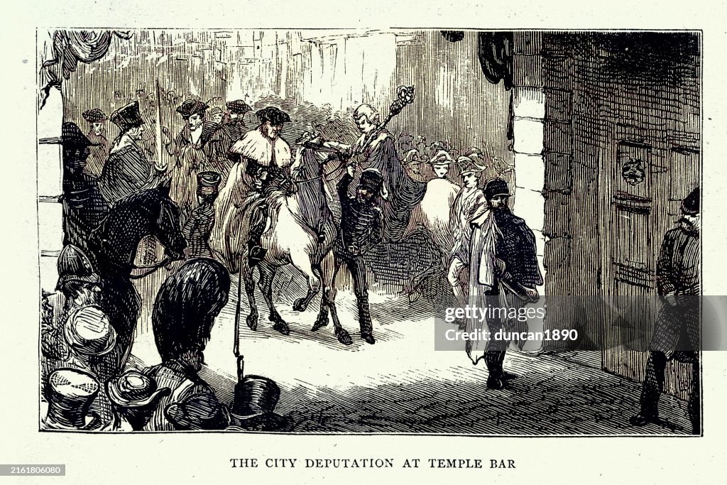Lord Mayor and City Deputation, Temple Bar, London, Thanksgiving celebration for the recovery of the Prince of Wales from typhoid, 1872 19th Century, Vintage illustration