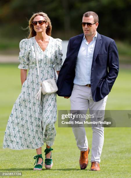 Harriet Sperling and Peter Phillips attend the Out-Sourcing Inc. Royal Charity Polo Cup 2024 at The Castle Ground, Guards Polo Club, Flemish Farm on...