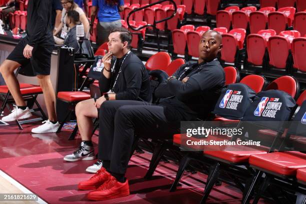 Miami Heat coaching staff Caron Butler looks on before the game against the Dallas Mavericks on July 17, 2024 at the Thomas & Mack Center in Las...