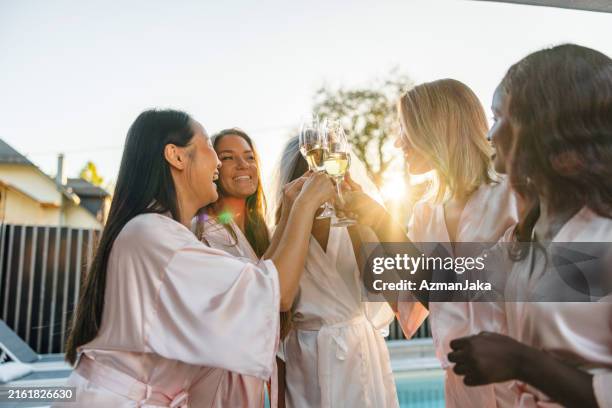 multicultural bachelorette party celebrating with indian bride - bridesmaid stock pictures, royalty-free photos & images