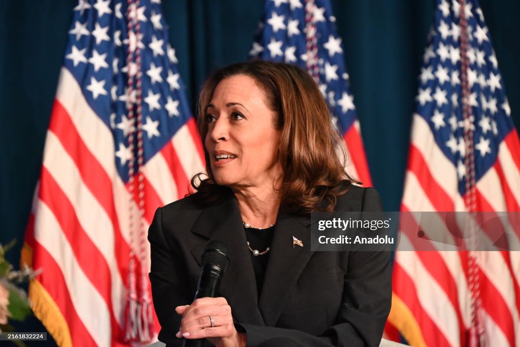 VP Kamala Harris talks in discussion with Olivia Troye and Amanda Stratton