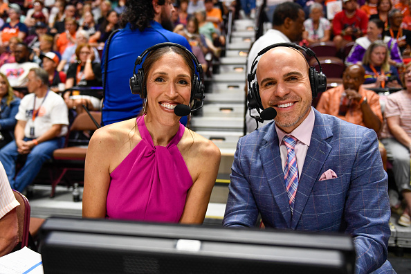 Ryan Roccio Rebecca Lobo and Ryan Ruocco pose for a photo during a WNBA game ...