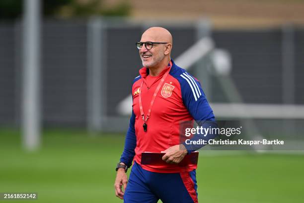 Luis de la Fuente, Head Coach of Spain, looks on during the Spain Training session ahead of the UEFA EURO 2024 final match between Spain and England...