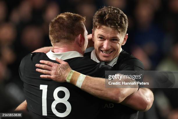 Beauden Barrett and Fletcher Newell of the New Zealand All Blacks celebrate winning the International Test Match between New Zealand All Blacks and...
