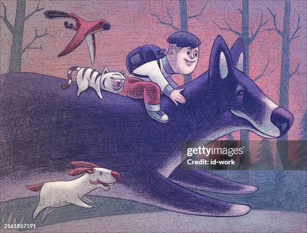 schoolboy riding on big wolf running with pets - person running with dog drawing stock illustrations