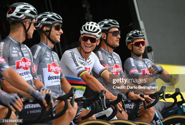 Axel Laurance of France and Mathieu van der Poel of Netherlands and Team Alpecin - Deceuninck prior to the 111th Tour de France 2024, Stage 14 a...