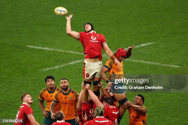 Dafydd Jenkins of Wales competes in the lineout during the International Test Match between Australia Wallabies and Wales at AAMI Park on July 13,...