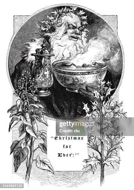 christmas forever, santa claus holding a steaming bowl, the wassail punch - wassailing stock illustrations