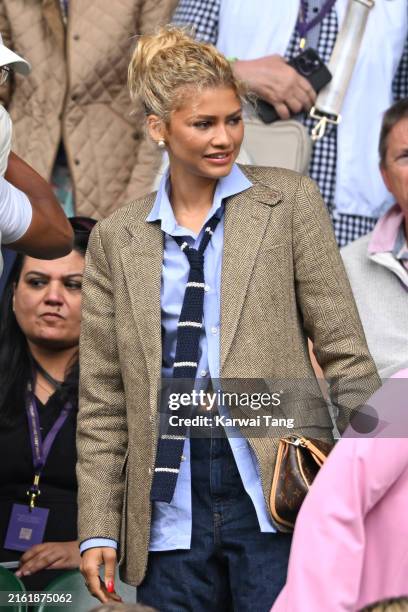 Zendaya, wearing Ralph Lauren, attends day thirteen of the Wimbledon Tennis Championships at the All England Lawn Tennis and Croquet Club on July 13,...
