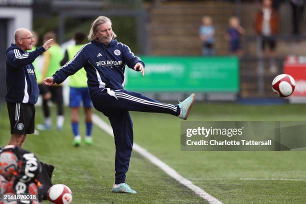 Robbie Savage, Manager of Macclesfield passes the ball during the Pre-Season Friendly match between Macclesfield and Blackburn Rovers XI at...