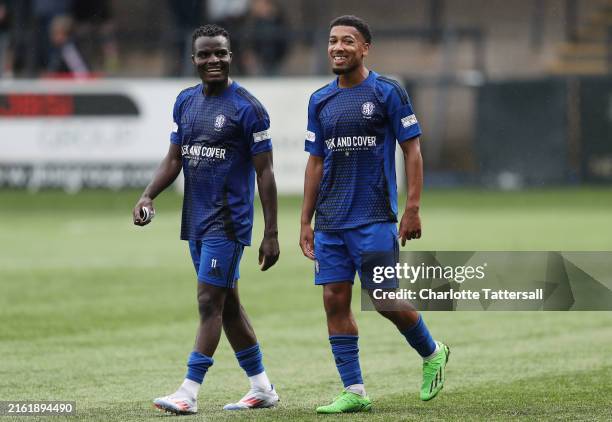 Neil Kengni and Tre Pemberton of Macclesfield celebrate following victory in the Pre-Season Friendly match between Macclesfield and Blackburn Rovers...