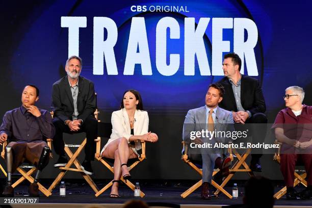 Eric Graise, Ken Olin, Fiona Rene, Justin Hartley, Elwood Reid and Abby McEnany speak onstage at the "Tracker" Presentation Q&A during the CBS...