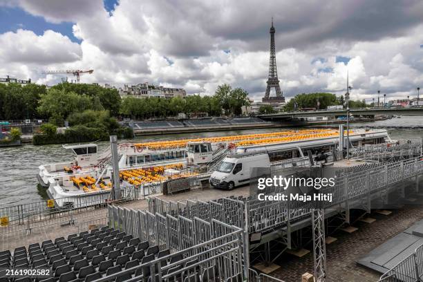 Stands for the opening ceremony are seen near river Seine ahead of the Paris 2024 Olympic Games on July 13, 2024 in Paris, France.