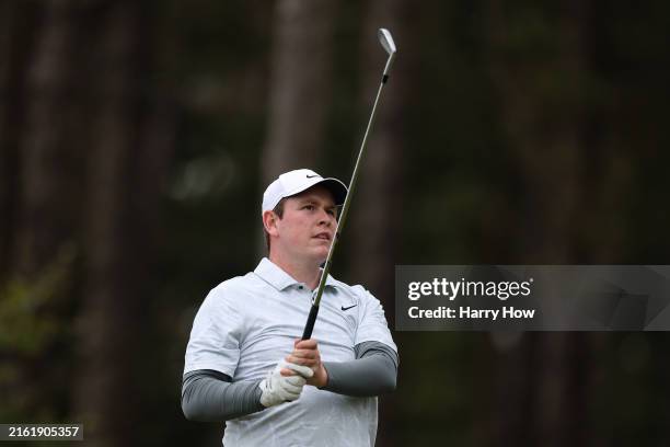 Robert MacIntyre of Scotland tees off on the 17th hole during day three of the Genesis Scottish Open at The Renaissance Club on July 13, 2024 in...