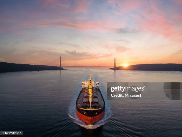 aerial view of cargo ship and bosphorus istanbul. - tanker stockfoto's en -beelden