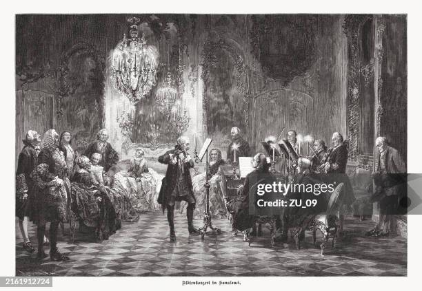 stockillustraties, clipart, cartoons en iconen met flute concert by frederick ii in sanssouci, woodcut published 1892 - blaasinstrument