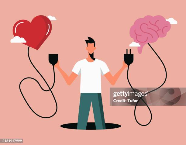 emotionale intelligenz illustration: verbindung von herz und gehirn, gleichgewicht von emotionen und logik, achtsamkeit - ethik und moral stock-grafiken, -clipart, -cartoons und -symbole