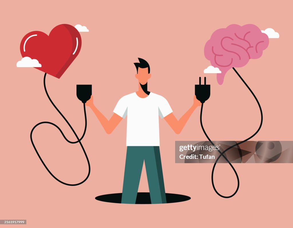Emotional Intelligence Illustration: Heart and Brain Connection, Balance of Emotions and Logic, Mindfulness