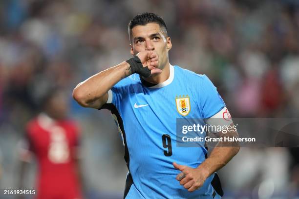 Luis Suarez of Uruguay celebrates after scoring the team's second goal during the CONMEBOL Copa America 2024 third place match between Uruguay and...