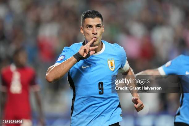 Luis Suarez of Uruguay celebrates after scoring the team's second goal during the CONMEBOL Copa America 2024 third place match between Uruguay and...