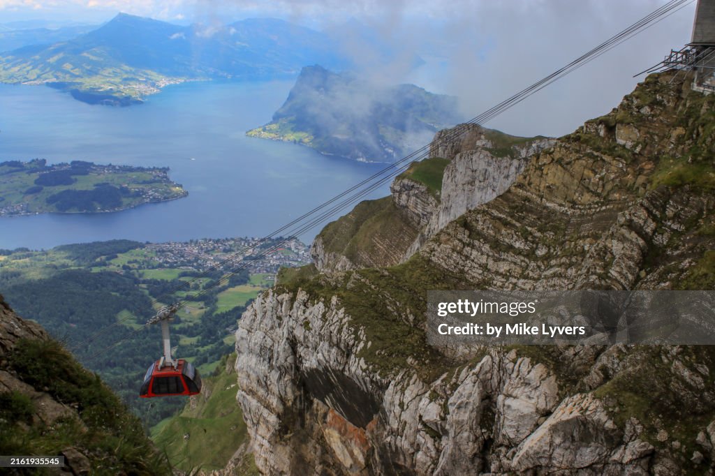 Cable car approaches summit of Mt. Pilatus