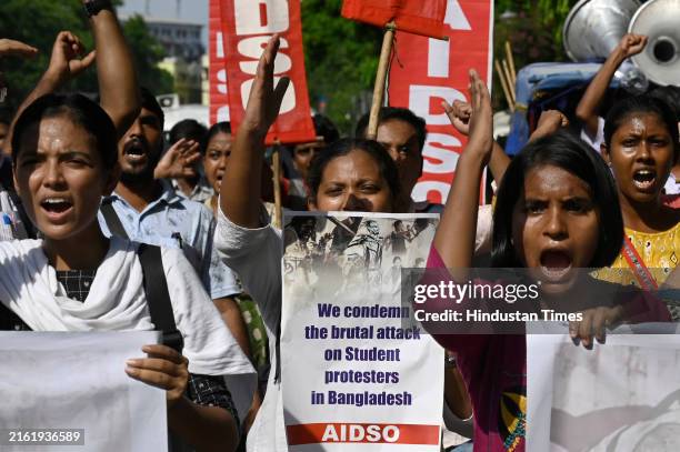 Members of All India Democratic Students' Organisation , students wing of SUCI shows solidarity with Bangladesh students anti-'Quota' protest on July...