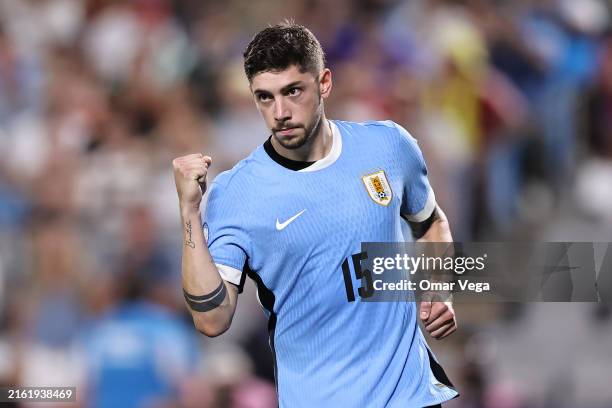 Federico Valverde of Uruguay celebrates scoring the team's first penalty in the penalty shoot out during the CONMEBOL Copa America 2024 third place...