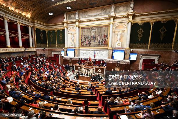 French Member of Parliament for the Renaissance ruling party and newly reelected National Assembly president Yael Braun-Pivet delivers a speech after...