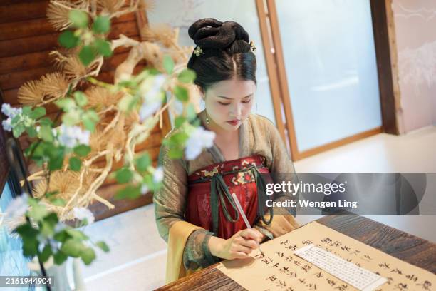 asiatische touristin erlebt kalligraphie - chinesisches schriftzeichen stock-fotos und bilder