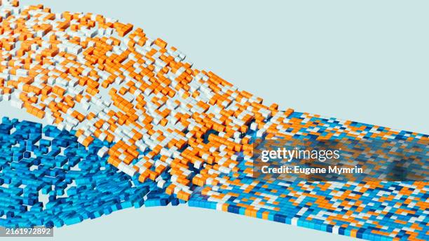 3d dynamic wave of small, colorful cubes forming intricate patterns. big data analytics - orange object stock pictures, royalty-free photos & images