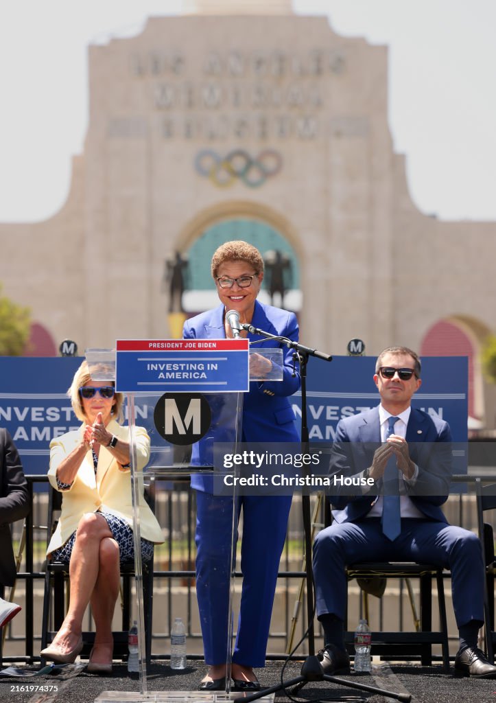 Mayor Karen Bass, U.S. Secretary of Transportation Pete Buttigieg, 2028 Olympic and Paralympic Games,electrifying L.A.'s bus system, Los Angeles Memorial Coliseum.
