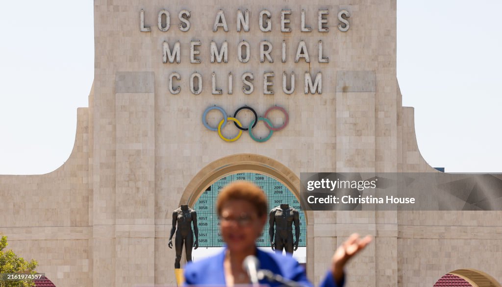 Mayor Karen Bass, U.S. Secretary of Transportation Pete Buttigieg, 2028 Olympic and Paralympic Games,electrifying L.A.'s bus system, Los Angeles Memorial Coliseum.