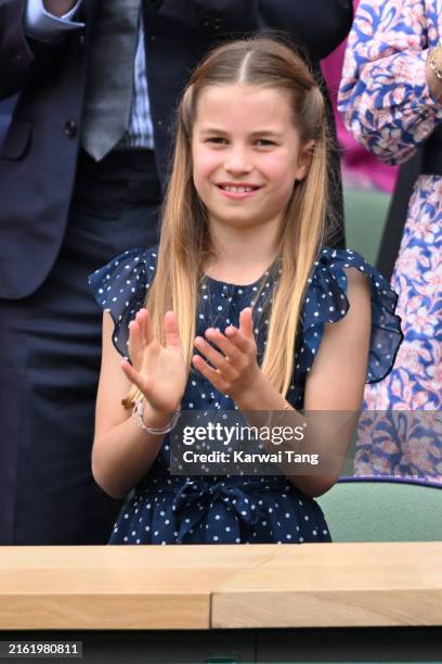 Princess Charlotte of Wales court-side of Centre Court during the men's final on day fourteen of the Wimbledon Tennis Championships at the All...